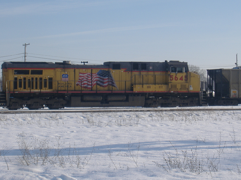 Union Pacific locomotive with Flags and Flares paint scheme