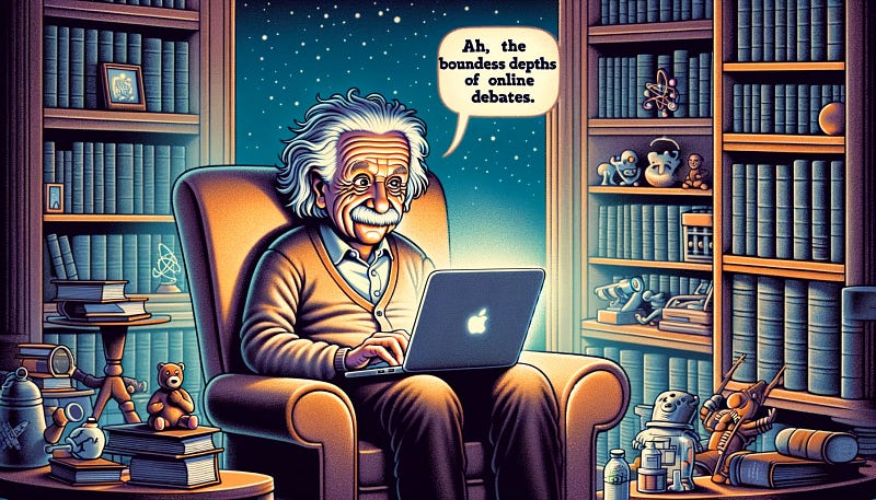 Einstein humorously observing human folly amidst space