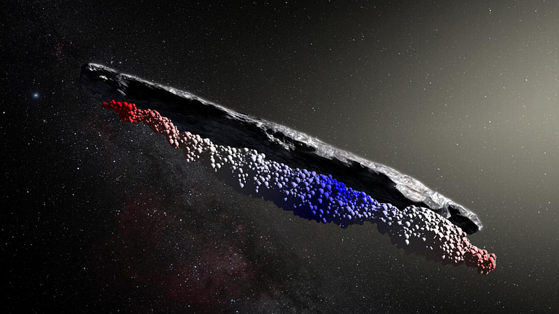 Artist's impression of 'Oumuamua with tidal disruption simulation