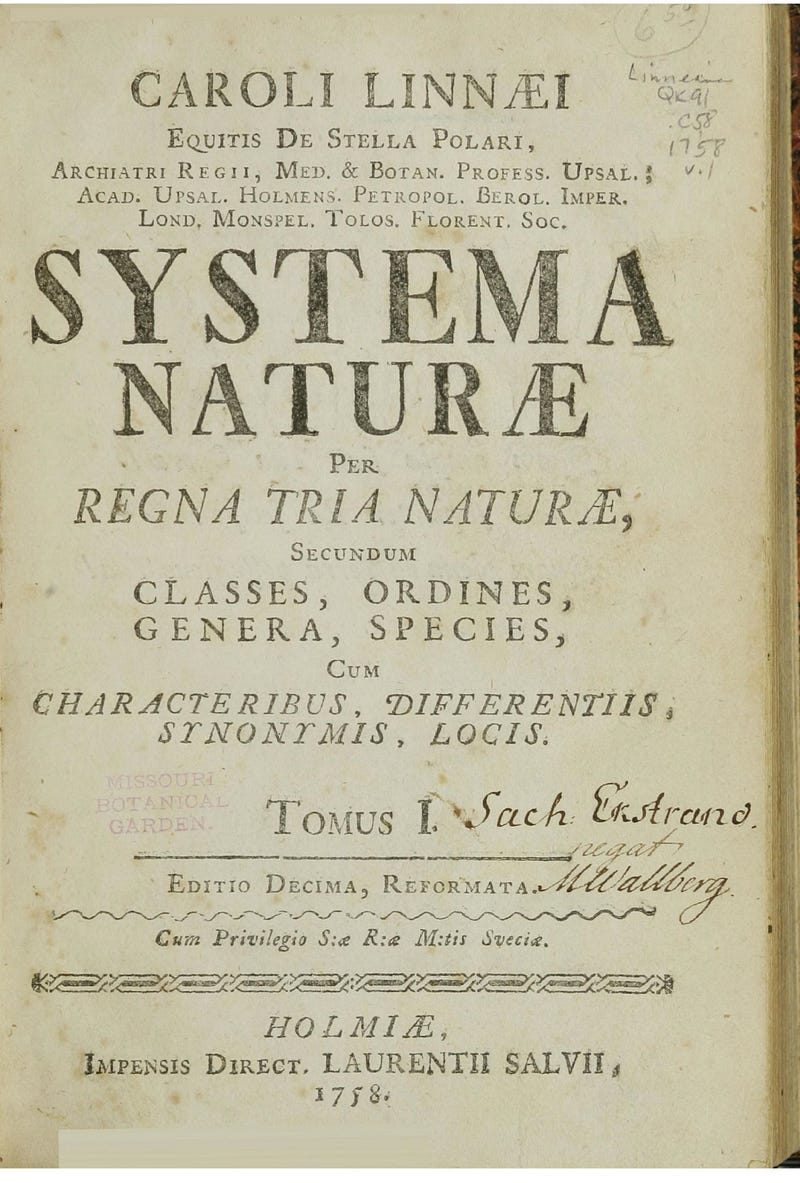 Linnaeus' Systema Naturae, 1758 edition.