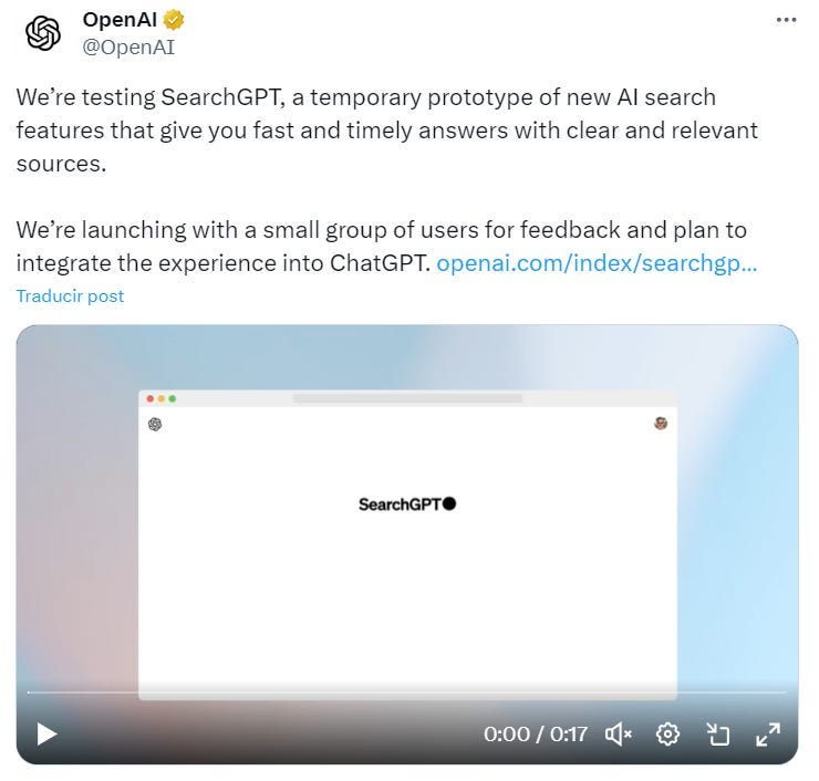 SearchGPT Announcement on Twitter/X