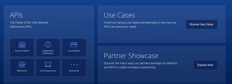 Dashboard of Visa Developer Portal
