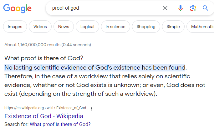 Google search results for proof of God