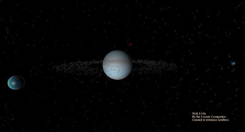 Illustration of TVLM 513b with its star and rings